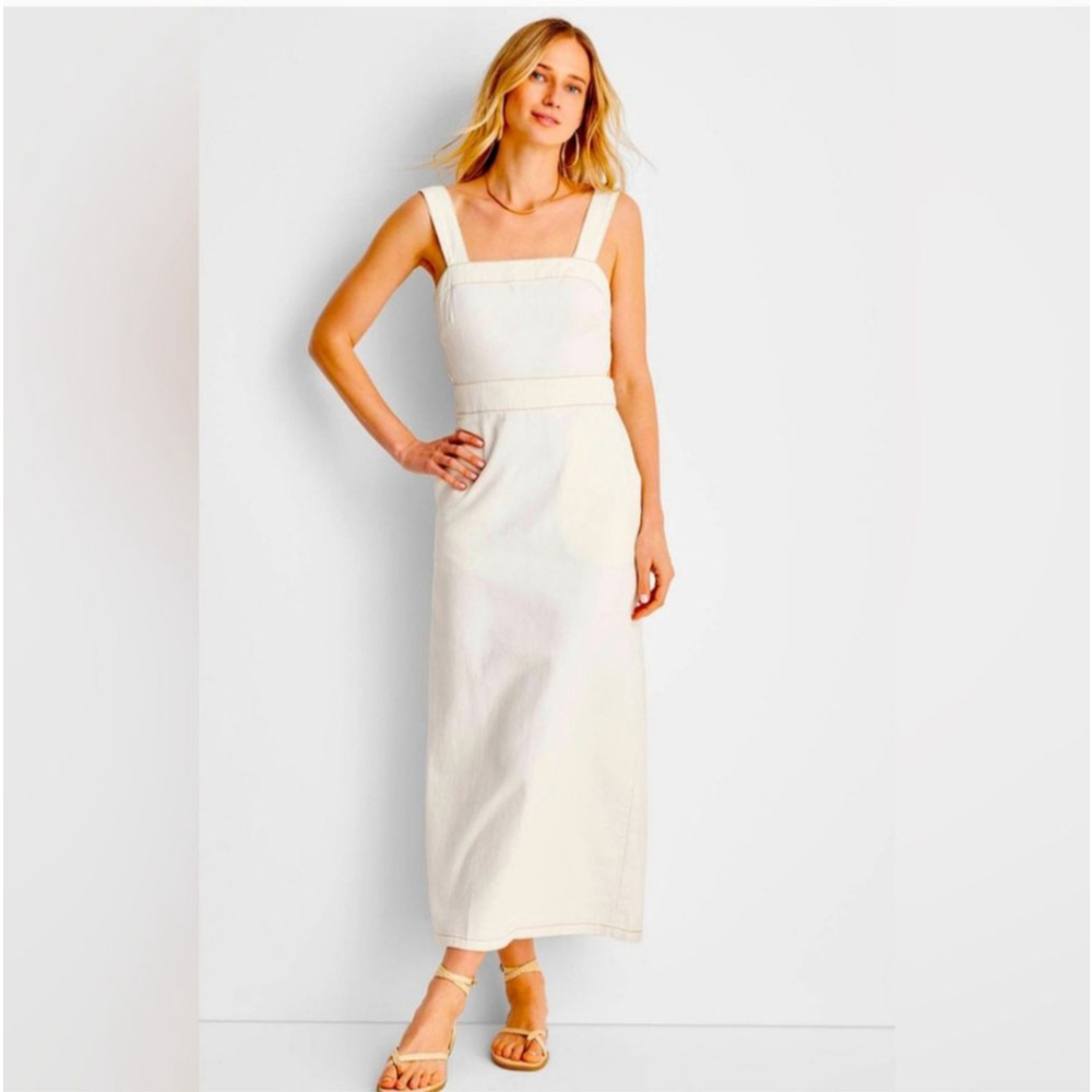 Future Collective Maxi Ivory Denim Bib Dress with Cute Bow Back - Picture 4 of 15